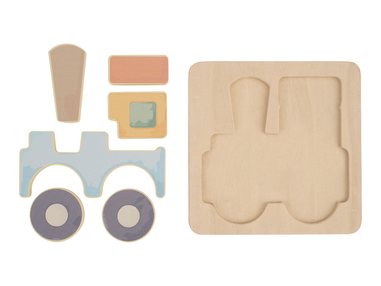 Wooden puzzle with tractor-shaped pieces and a matching board.
