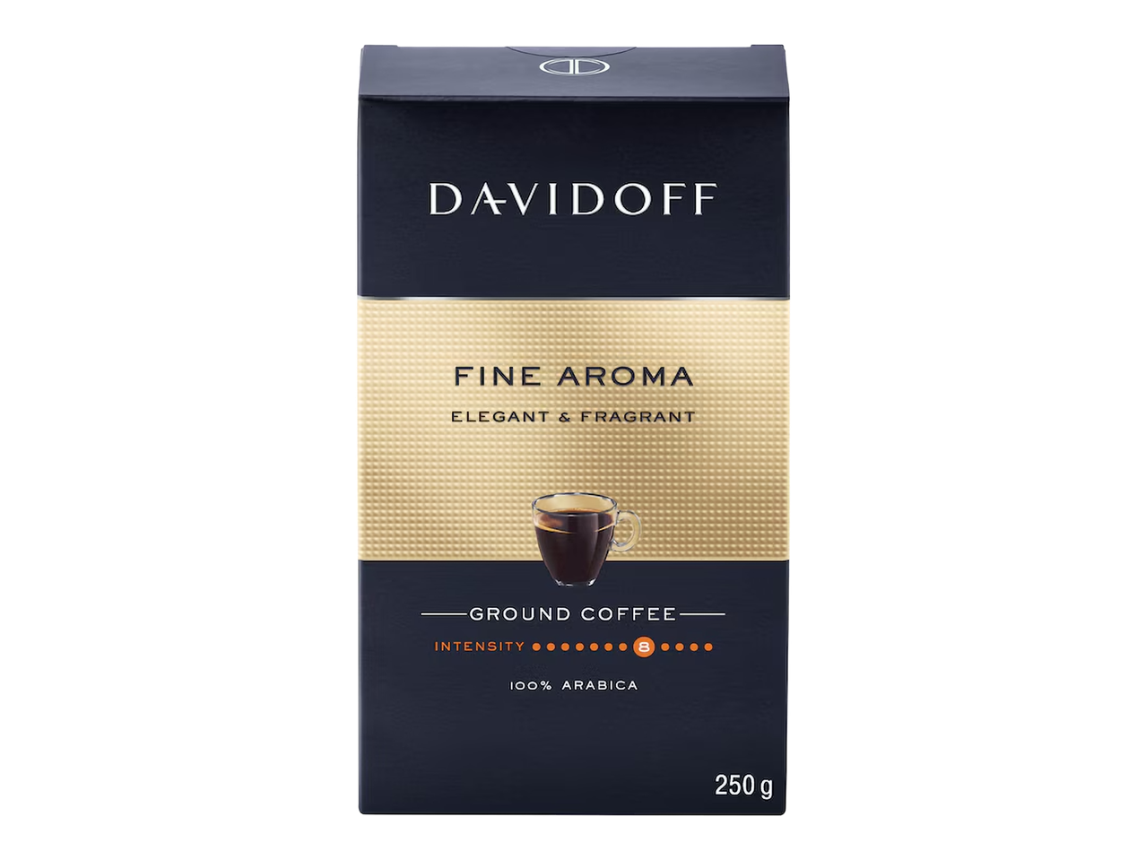 Опаковка мляно кафе с надпис „Fine Aroma“, „Elegant & Fragrant“ и „100% Arabica“, 250 г.