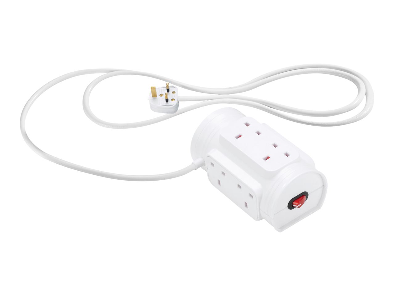White 6-way extension lead with UK plug and red power switch