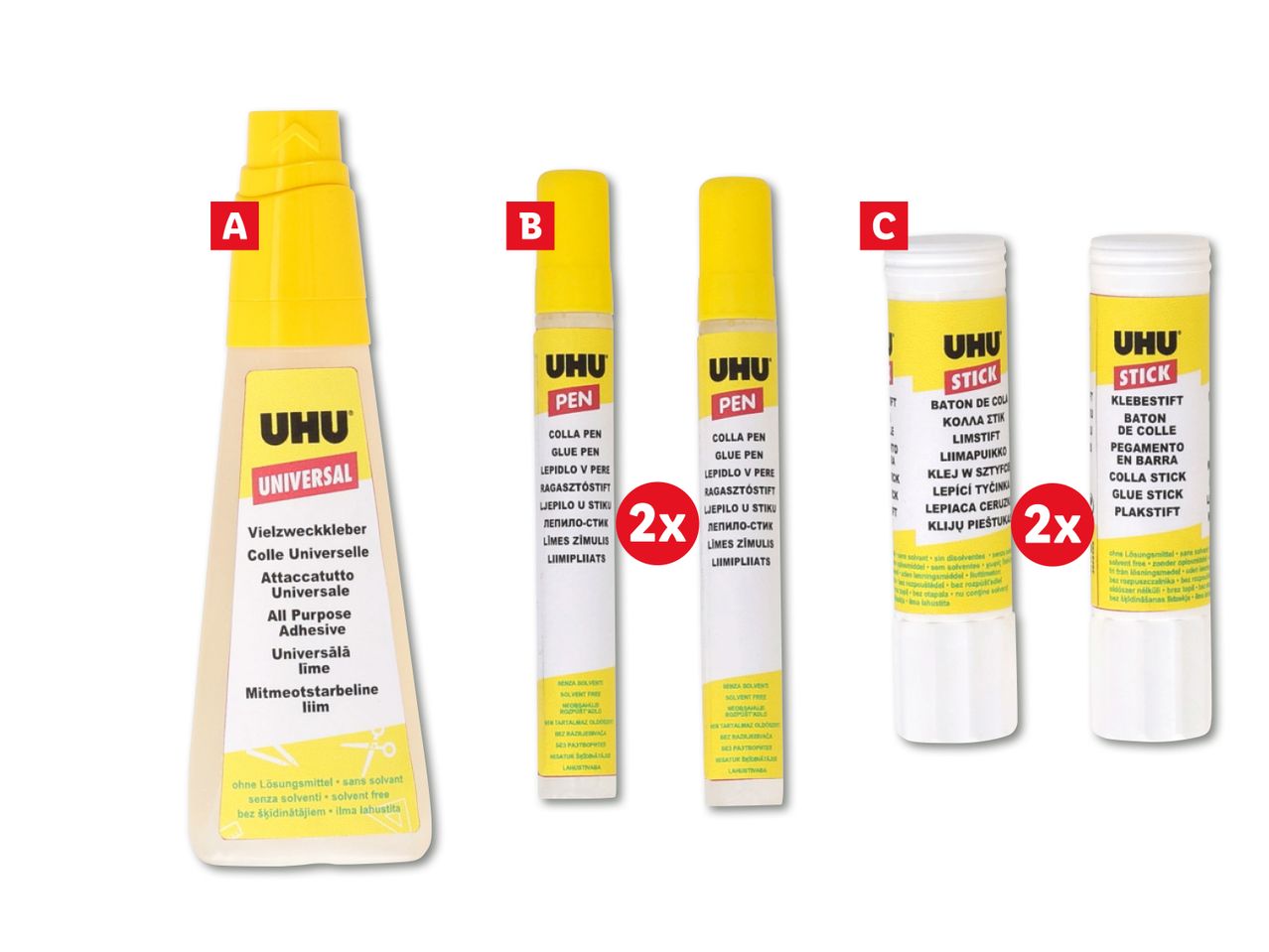 UHU liimid: universaalne liim, pliiatsliim ja kleepuvpulgad.
