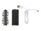 Two black brush attachments and a white USB-A to USB-C charging cable.
