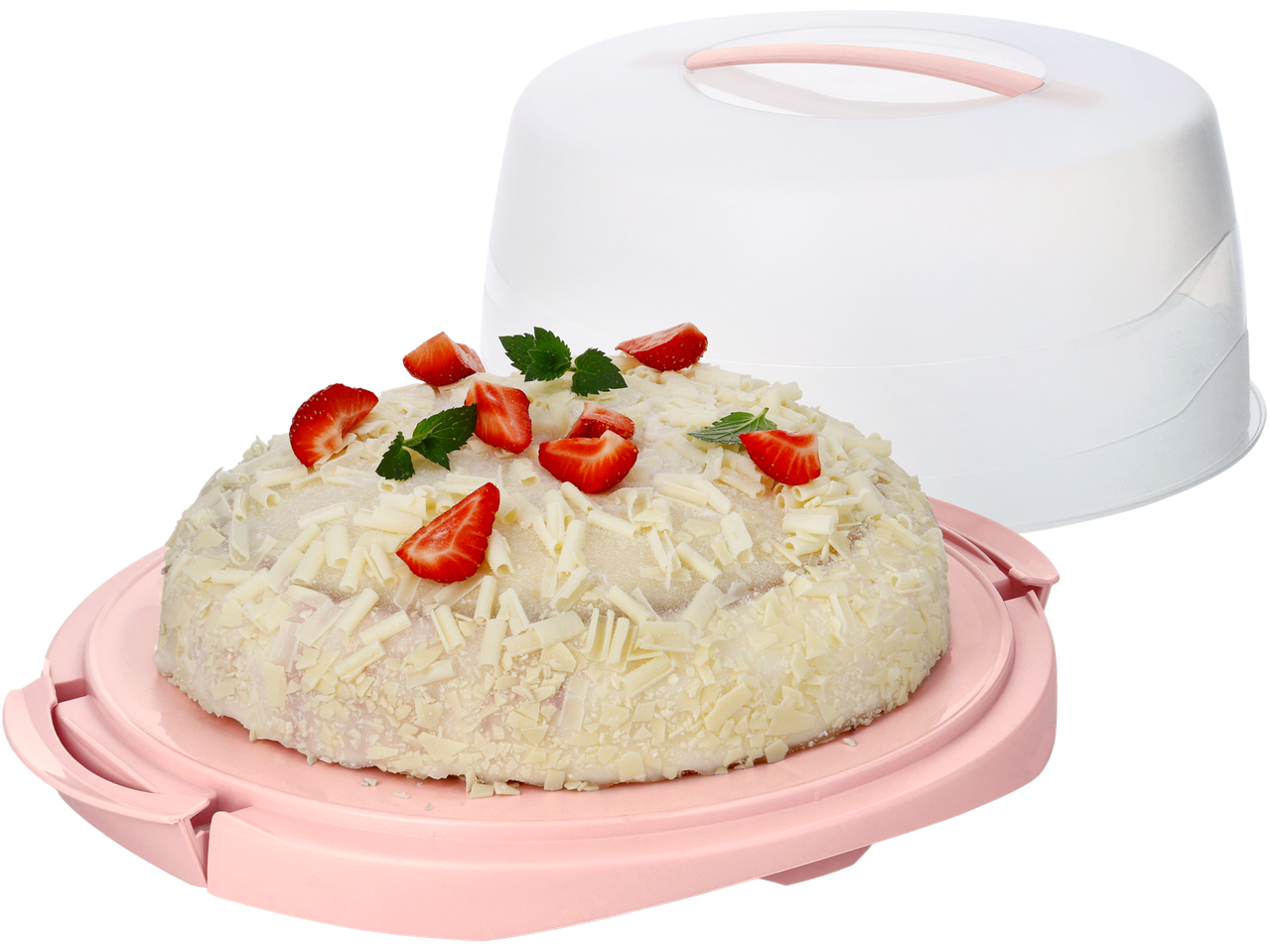 Бяла торта с ягоди и мента върху розова поставка за торта с прозрачен капак.