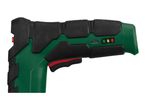 Green and black handheld power tool with a red trigger and battery indicator lights.