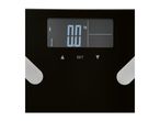 Close-up of a black digital bathroom scale displaying '0.0 kg' and 'SET' buttons.