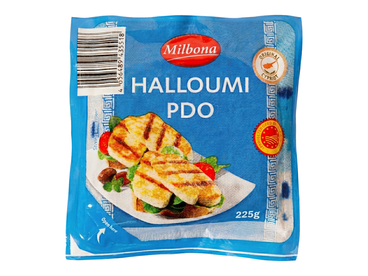 Halloumi PDO -pakkaus, jossa on grillattua halloumia ja 225g painomerkintä.