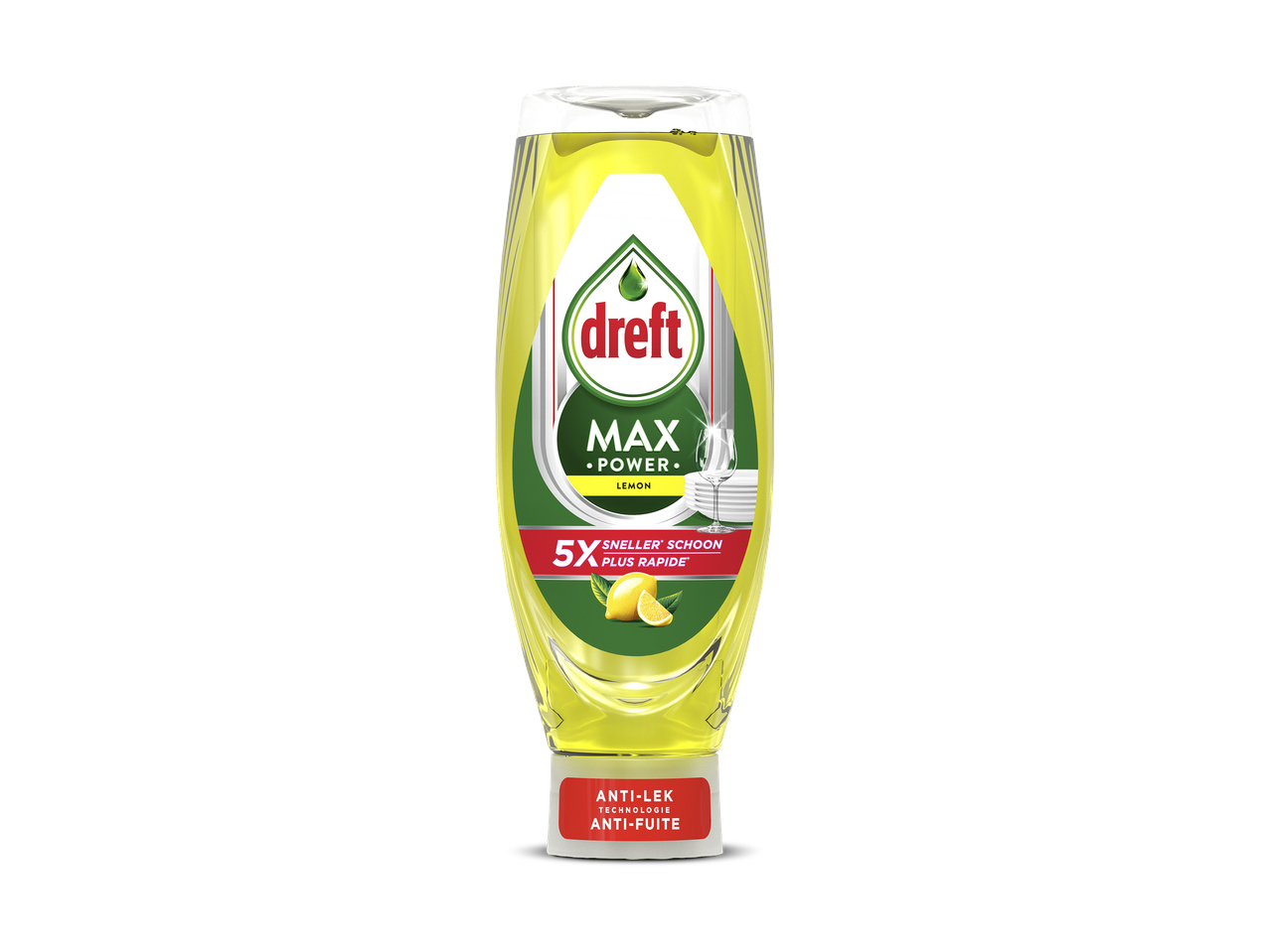 Fles afwasmiddel met citroengeur, 5x sneller schoon, anti-lek technologie.