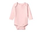 Pink long-sleeved baby bodysuit with snap closures at the crotch.