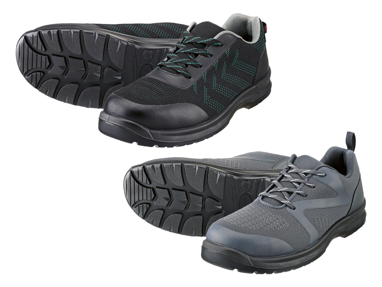 Dva para radnih cipela, jedne crne s tirkiznim detaljima i jedne sive, prikazane na crnoj pozadini.