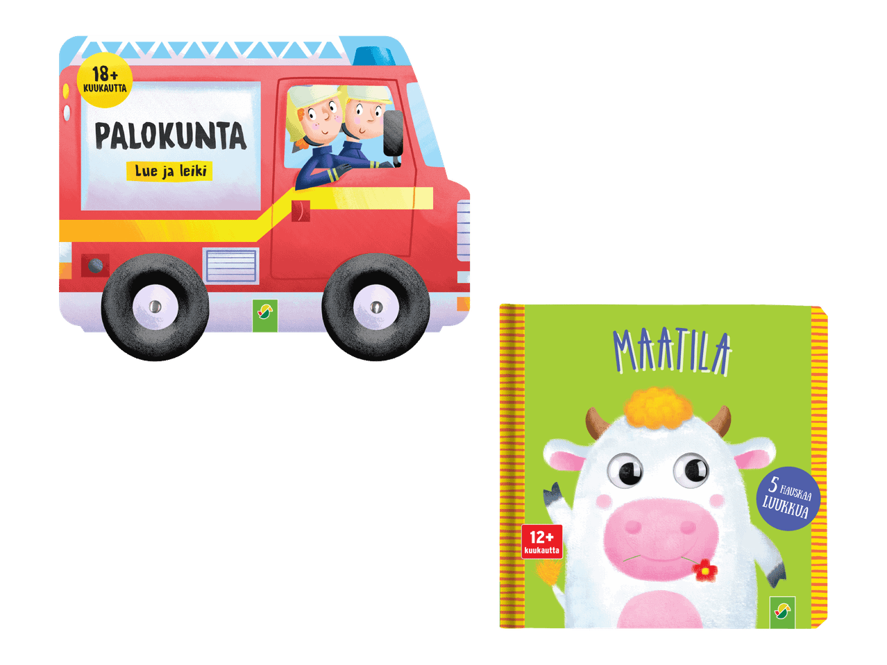 Kaksi lasten kirjaa: paloauto-aiheinen kirja ja lehmä-aiheinen kirja.