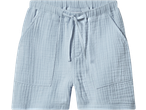 Light blue muslin shorts with an elastic waistband and drawstring.