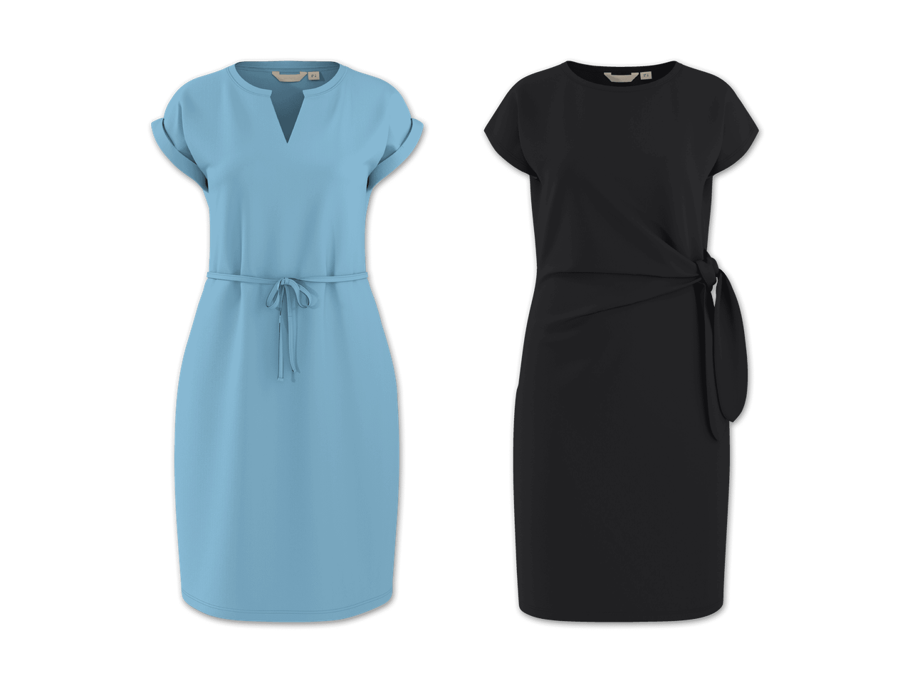 Zwei Damenkleider: ein hellblaues mit V-Ausschnitt und Bindegürtel, ein schwarzes mit Rundhalsausschnitt und seitlichem Knoten.