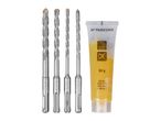 Four Parkside drill bits and a tube of lubricant.