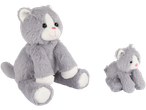 Two grey plush cat toys, one large and one small, with white faces and pink noses.