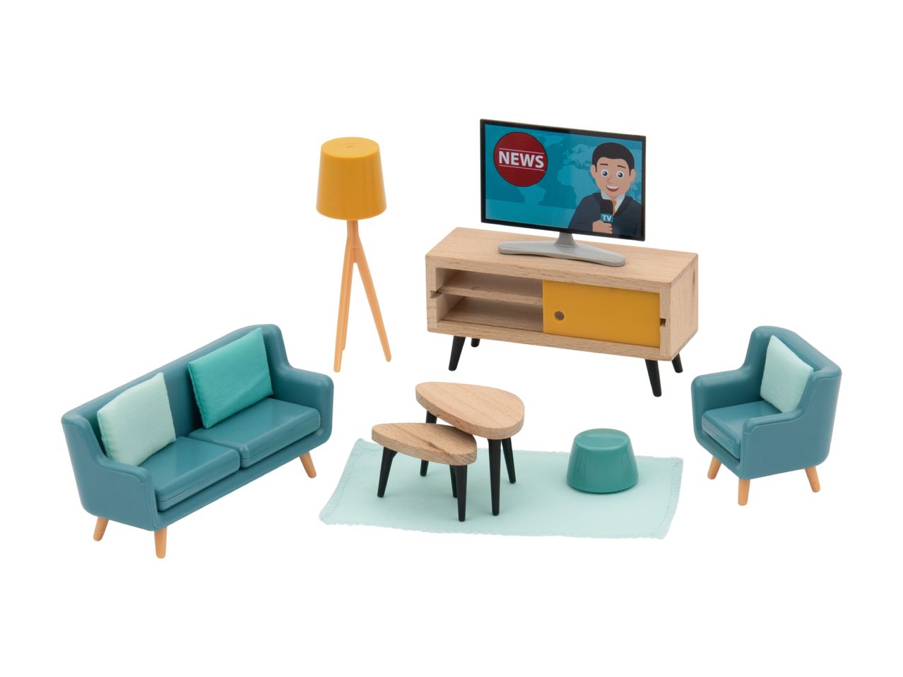 Et sæt miniaturemøbler til en stue, herunder en sofa, lænestol, tv-bord, tv, lampe og sofaborde.