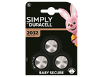 Duracell Simply 2032 knoopcelbatterijen met een roze konijnenmascotte en 'Baby Secure' verpakking.