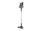Cordless stick vacuum cleaner with a grey body and gold-colored extension wand.
