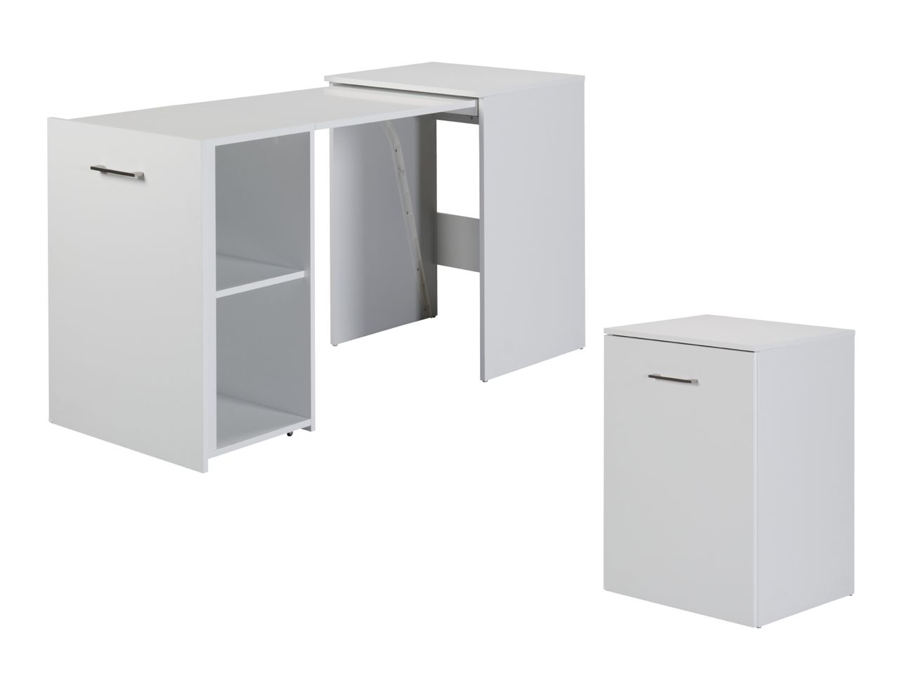 Weißer, ausziehbarer Schreibtisch mit Regalfächern und passendem Rollcontainer.