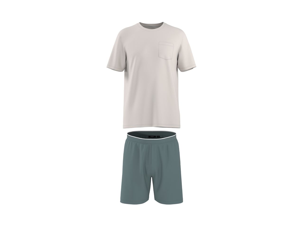 A light beige t-shirt with a pocket and dark teal shorts.