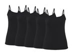 Fem sorte camisole-toppe med spaghettistropper, arrangeret i en række.