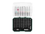 Open screwdriver bit set with various bits and adapters in a green and clear plastic case