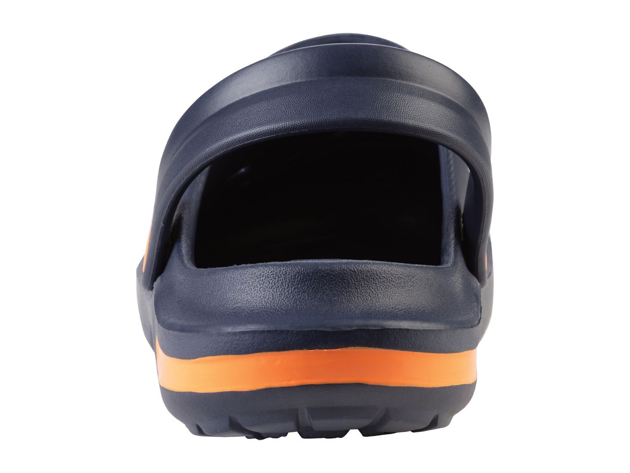 Navy blue Crocs-style clog with an orange sole.
