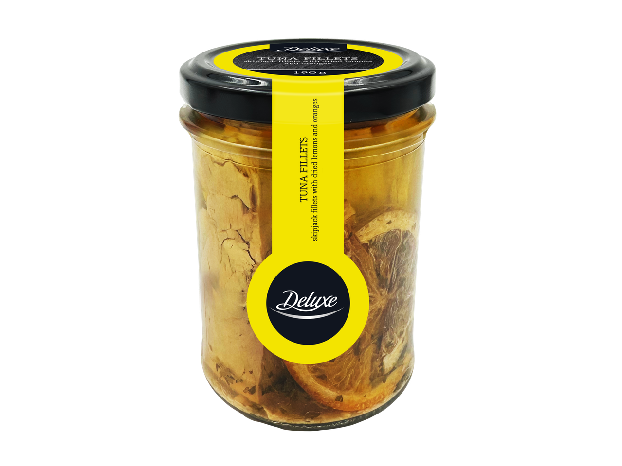 DELUXE tuno filė su džiovintomis citrinomis ir apelsinais, 190g stiklainis.