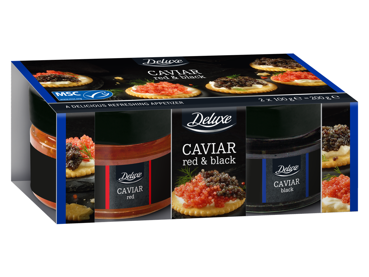 Deluxe MSC Kaviar Duo iepakojums ar sarkaniem un melniem ikriem, pasniegts uz krekeriem.