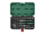 Open green and black tool case with a socket wrench set and screwdriver bits.