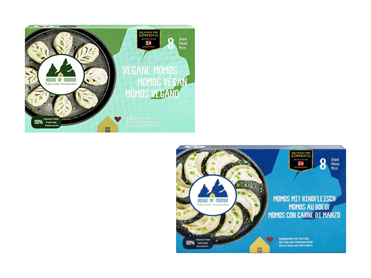 Zwei Packungen Momos: vegane Momos und Momos mit Rindfleisch, jeweils 8 Stück.