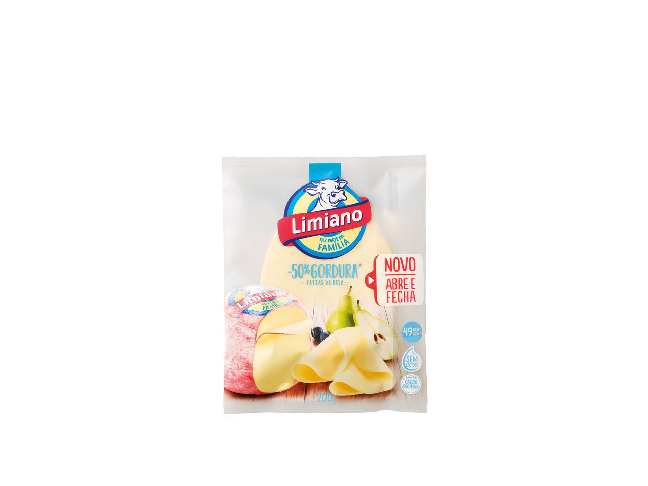 Embalagem de queijo fatiado Limiano com baixo teor de gordura, com peras e mirtilos.