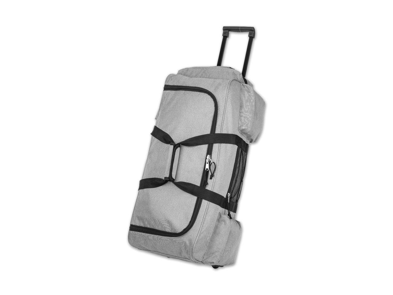 Eine graue Reisetasche mit Rollen und Tragegriffen.