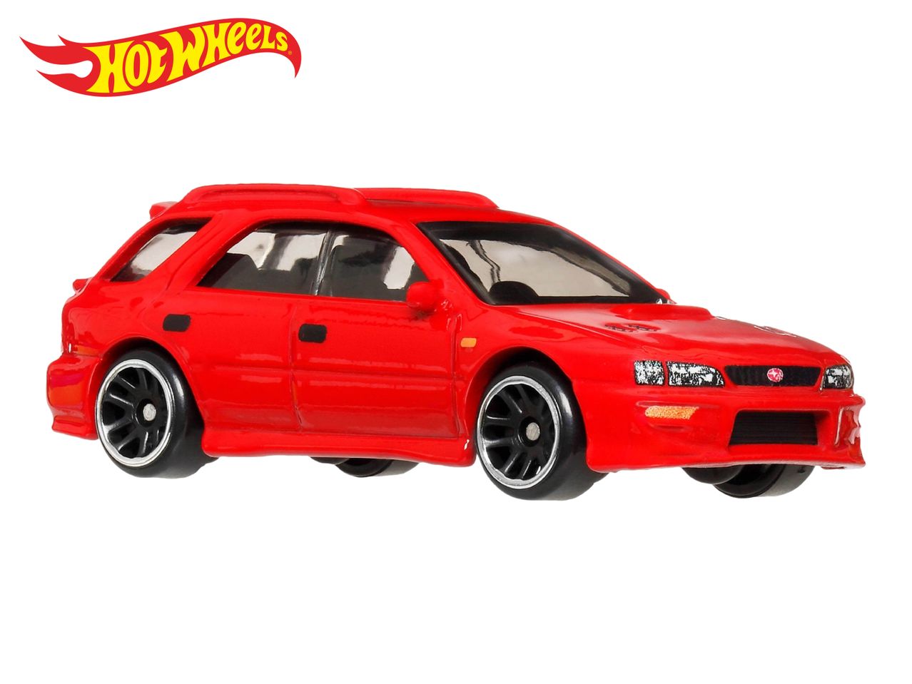 Red toy car, a station wagon model, with a logo in the top left corner.