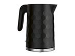 Black electric kettle with a textured honeycomb pattern and stainless steel base.