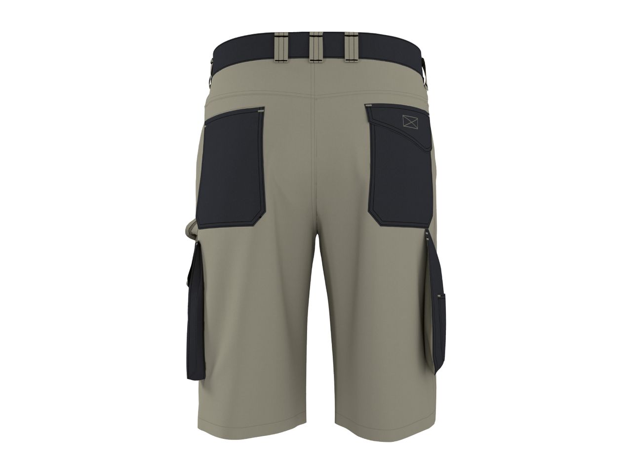 Back view of beige and black work shorts with multiple pockets.