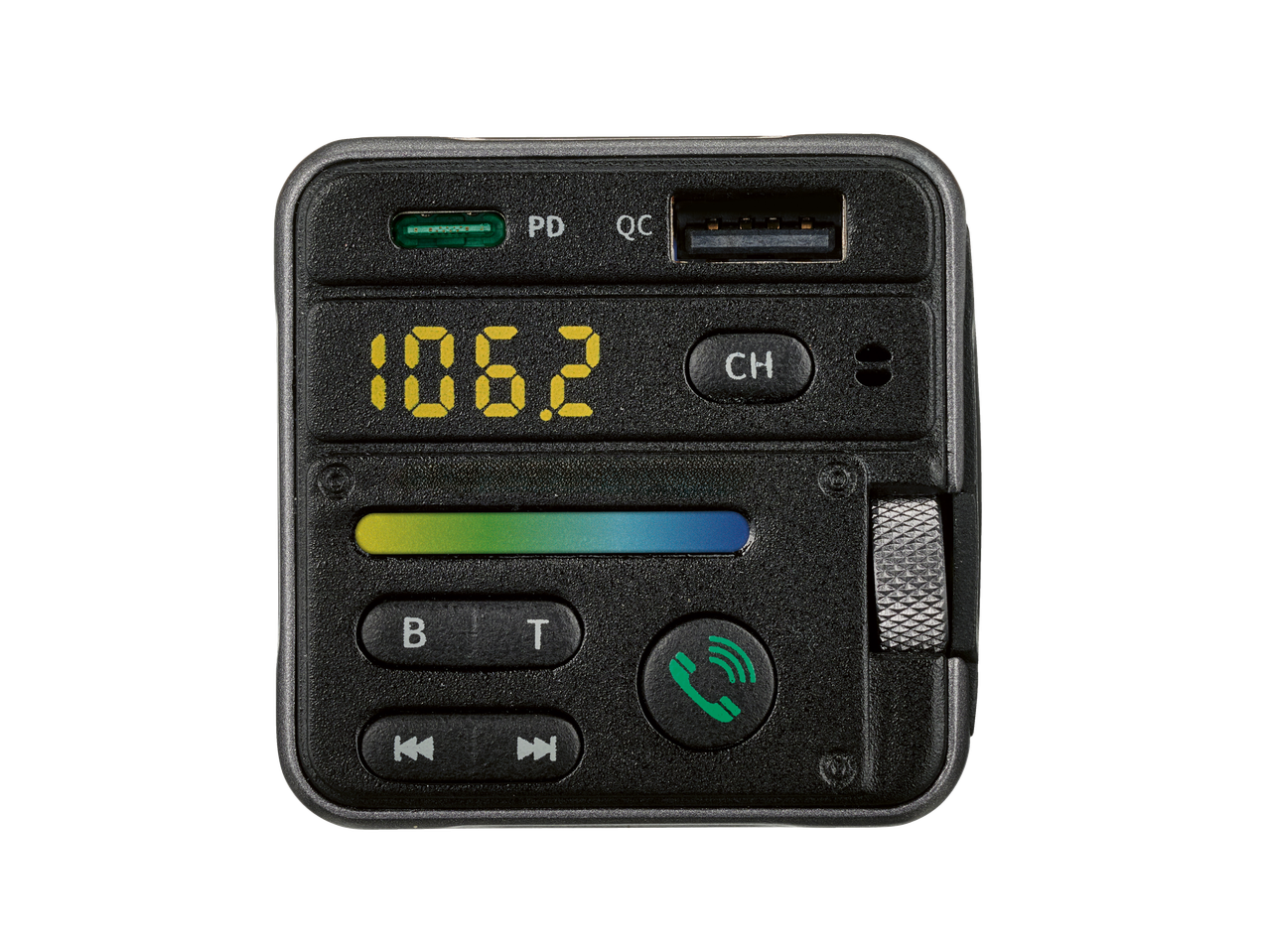 Transmissor de áudio FM Bluetooth® Tronic com display, portas USB e botões.