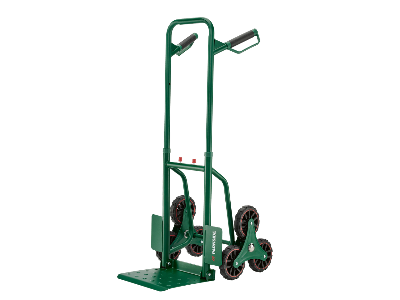 Zöld színű, összecsukható lépcsőző kézikocsi fekete háttér előtt.