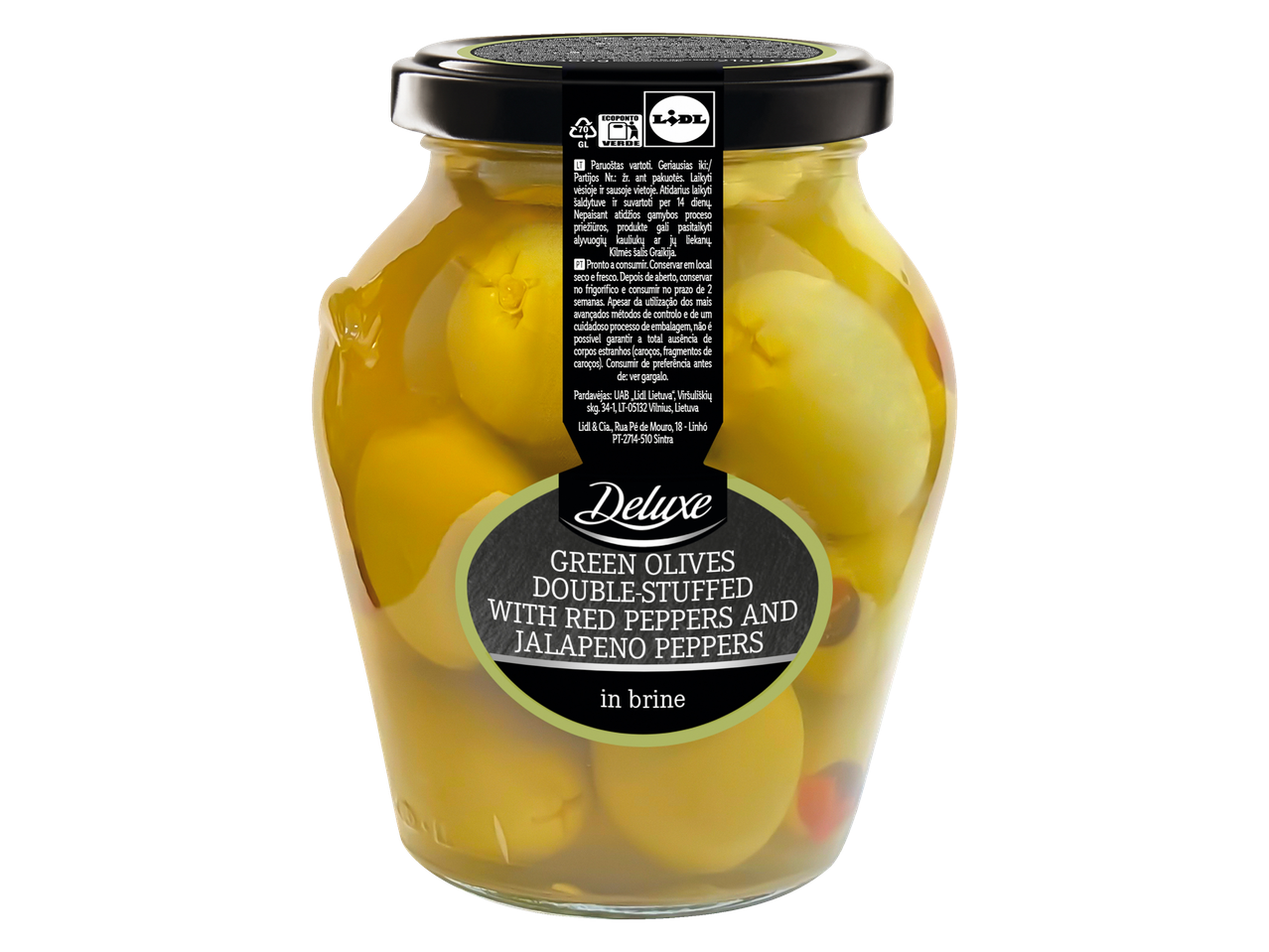Lidl Deluxe žalios alyvuogės, įdarytos raudonaisiais ir jalapeño pipirais, sūryme.