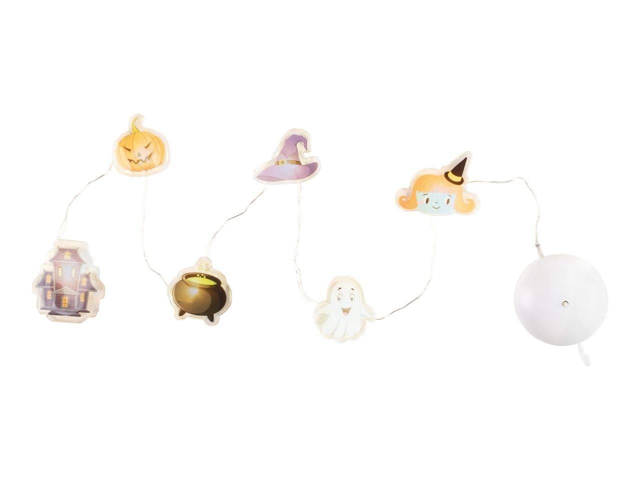 Halloween string lights with pumpkin, haunted house, witch hat, cauldron, ghost, and witch girl.
