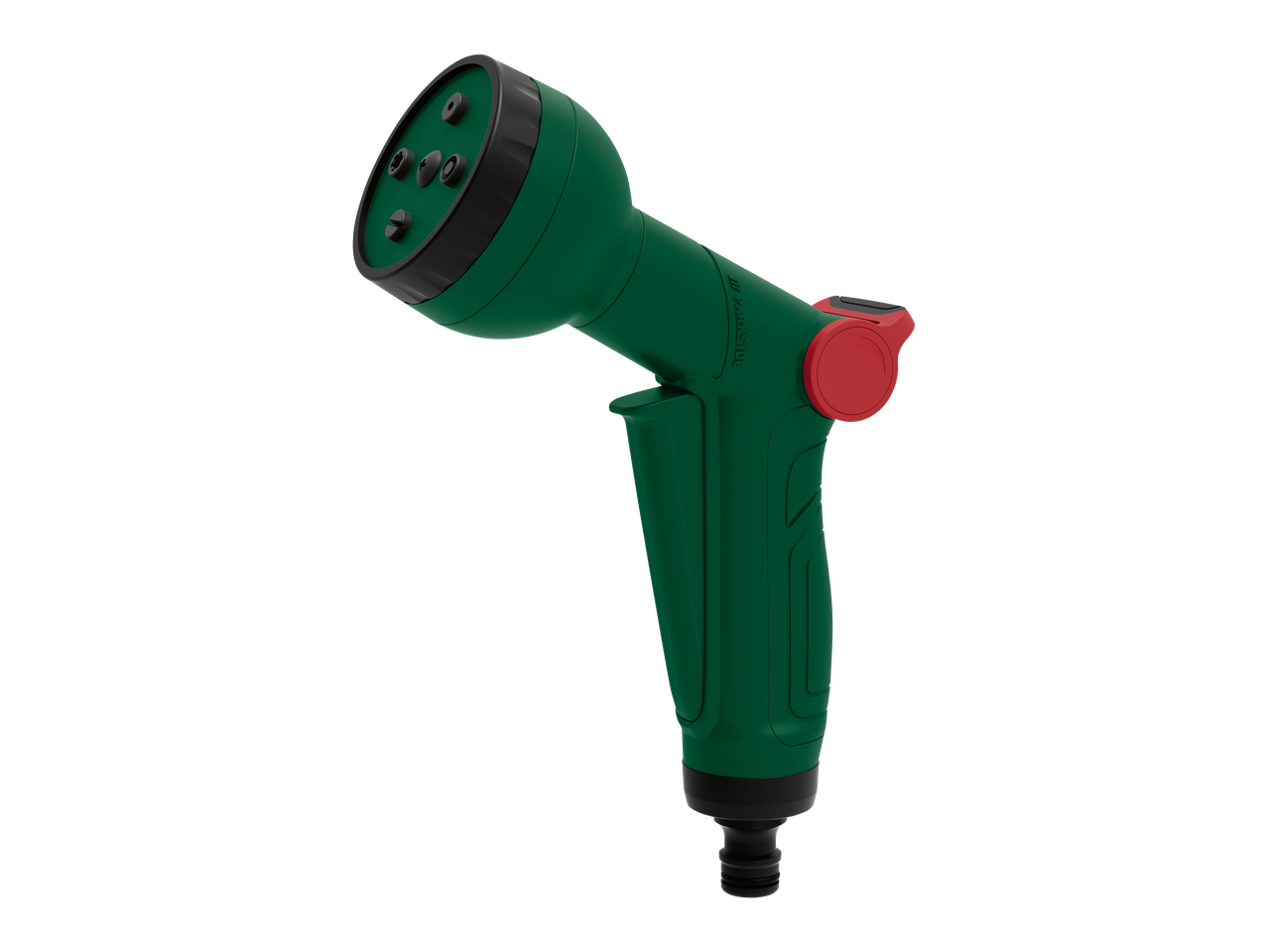 Pistolet d'arrosage vert avec buse réglable et bouton rouge