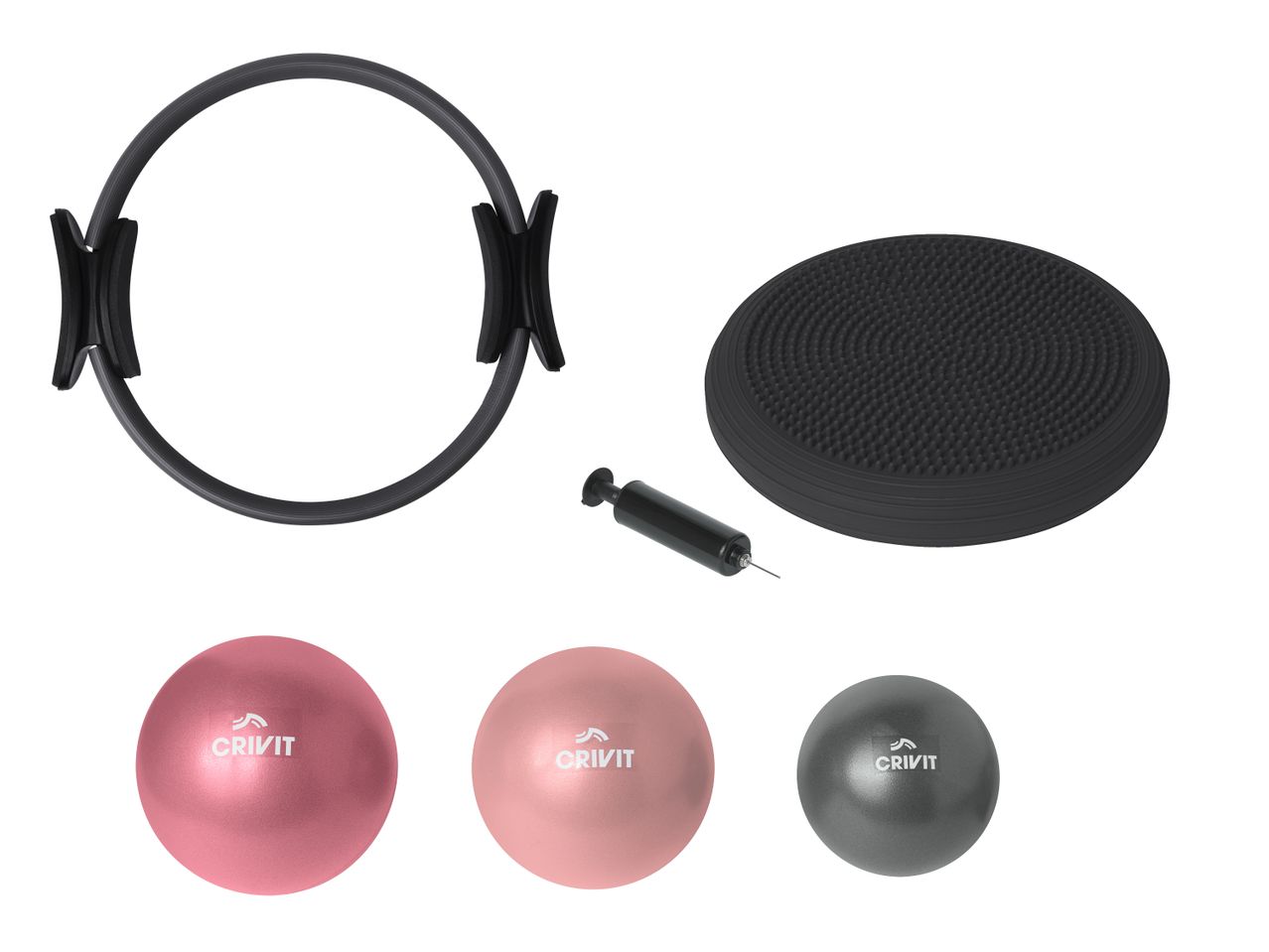 Pilates-Ring, Balancekissen mit Pumpe und drei Gymnastikbälle in Rosa und Grau