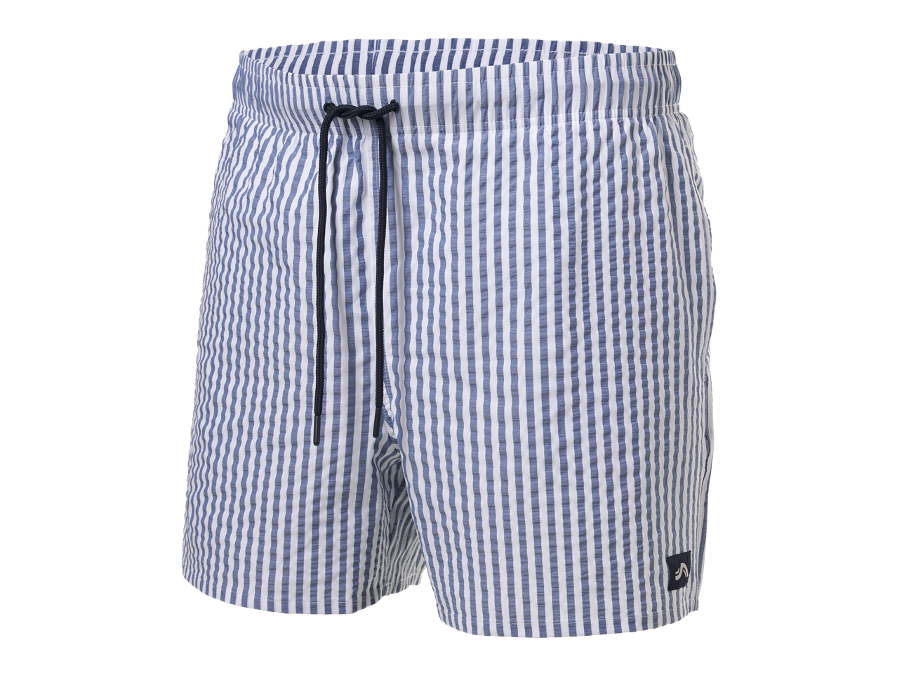 Men's blue and white striped swim shorts with a black drawstring.