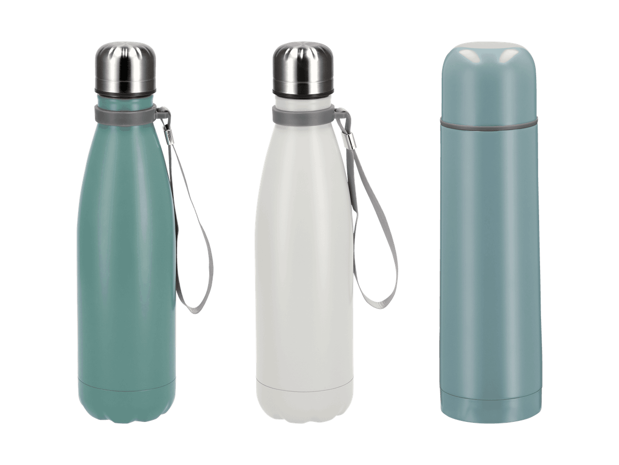 Trois bouteilles isothermes de couleurs différentes : vert d'eau, blanc et bleu-gris.