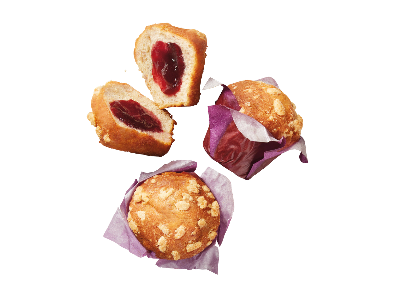 Kaksi hillotäytteistä munkkia ja kaksi muffinssia, joissa on murupäällinen.