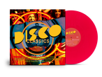 Een rode vinylplaat met het label 'Disco Classics' en een albumhoes met dansende mensen en een discobal.