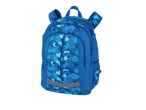Mochila escolar azul com estampa de camuflagem.