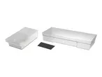 Two transparent plastic storage boxes with a black divider, one with internal compartments.