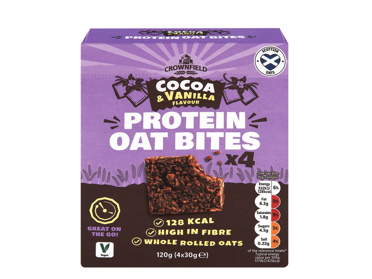 Crownfield cocoa & vanilla flavour protein oat bites.