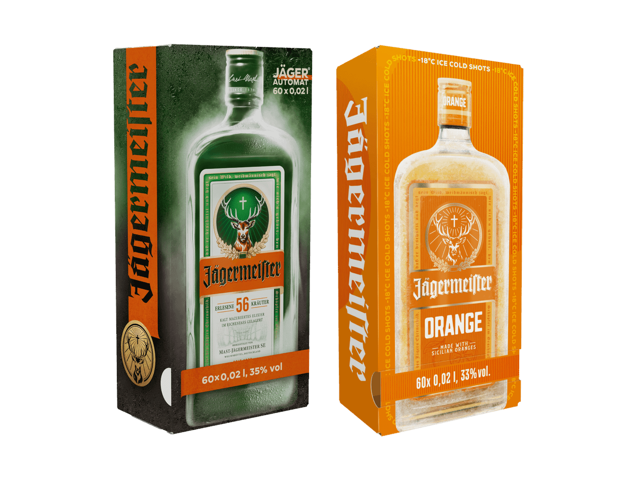 Zwei Jägermeister-Geschenkboxen, eine klassische und eine Orangen-Variante, mit Miniaturflaschen.