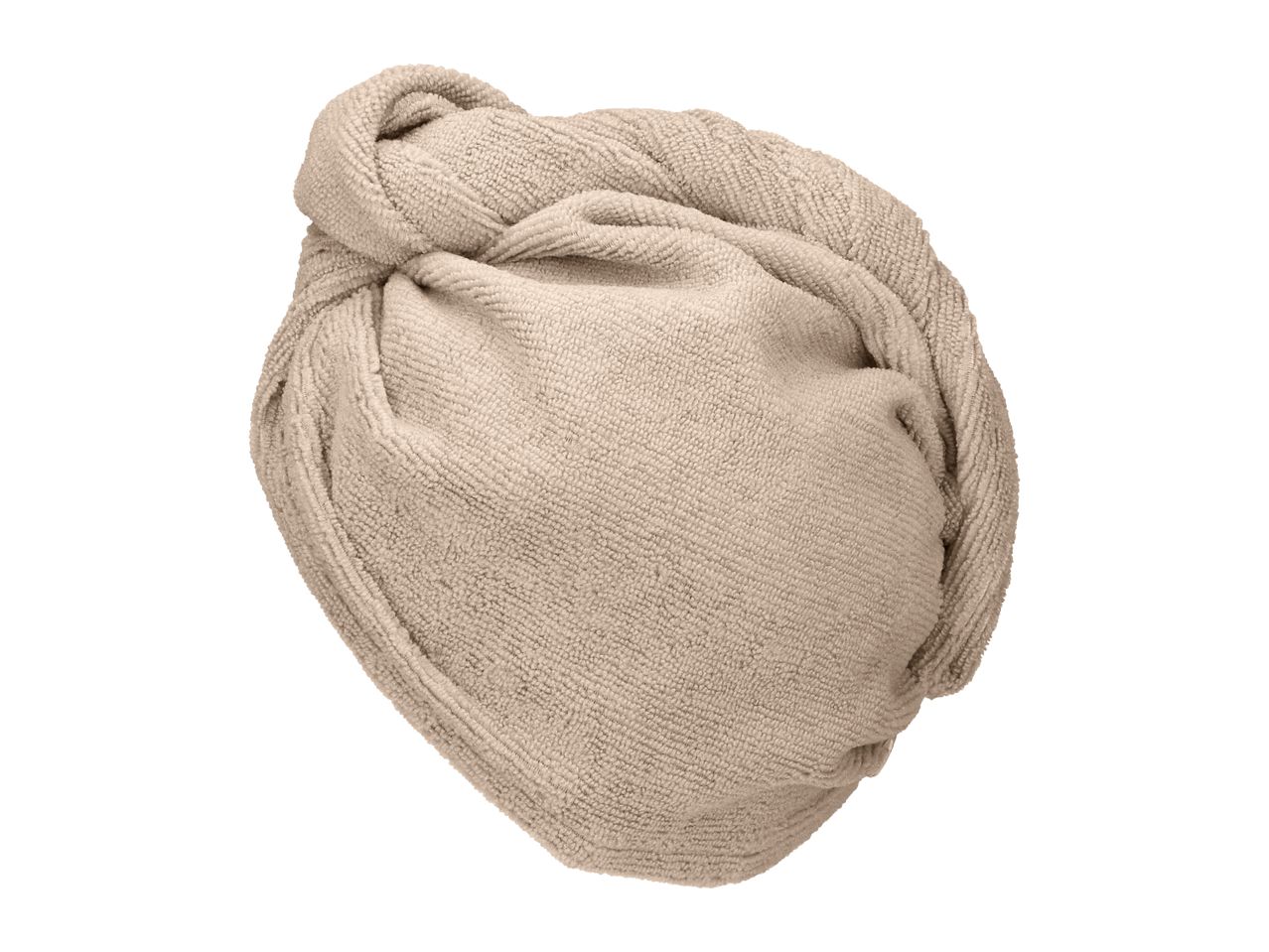 Beige hair towel wrap, made of soft, absorbent terry cloth material