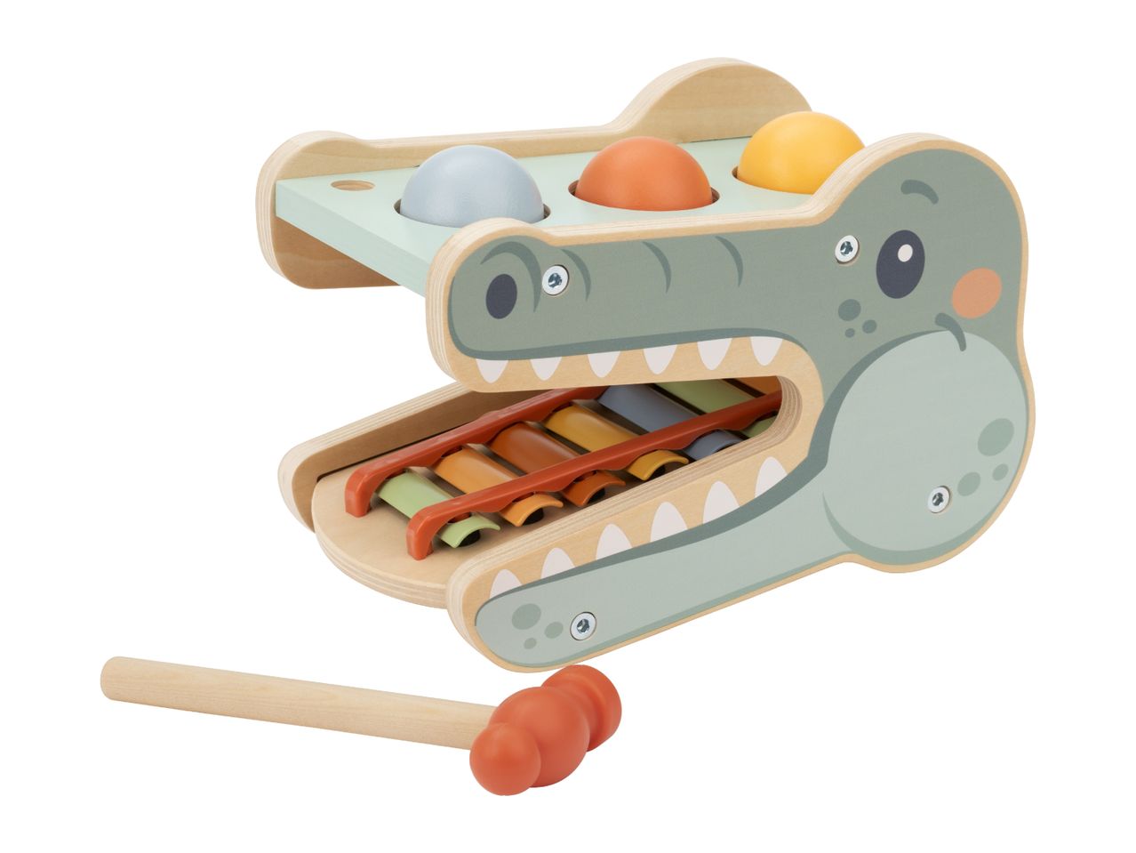 Wooden crocodile-shaped hammer bench with colorful balls and a xylophone, with a mallet.
